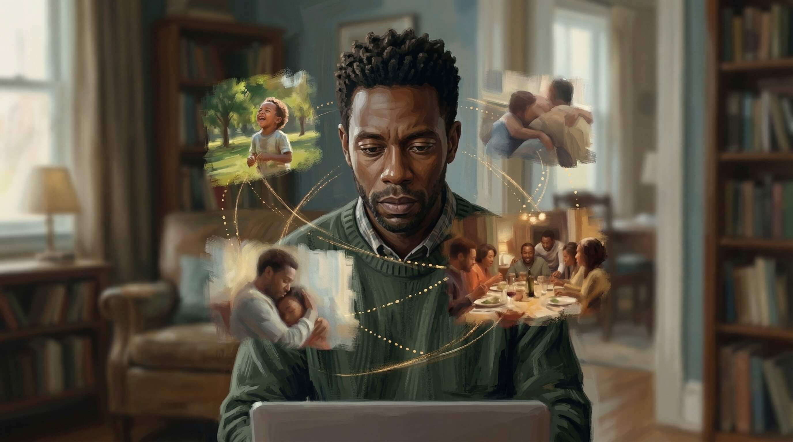 Person surrounded by connected memory fragments, representing reflection across time.