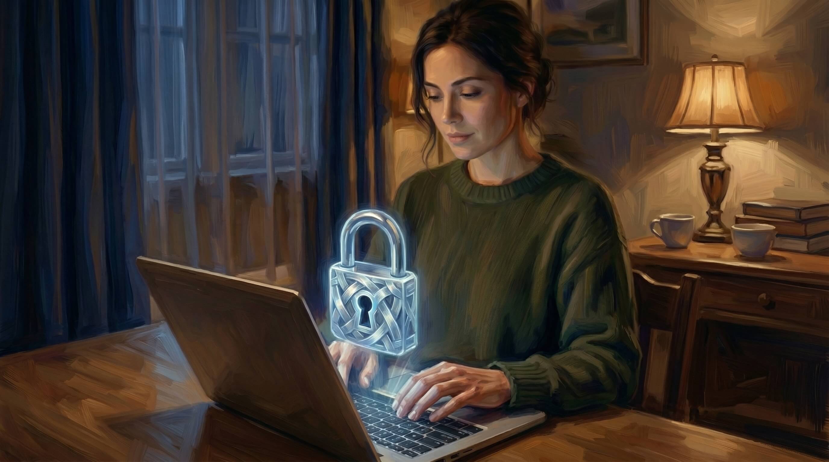 Person writing on a laptop beside a luminous lock, representing careful privacy boundaries.